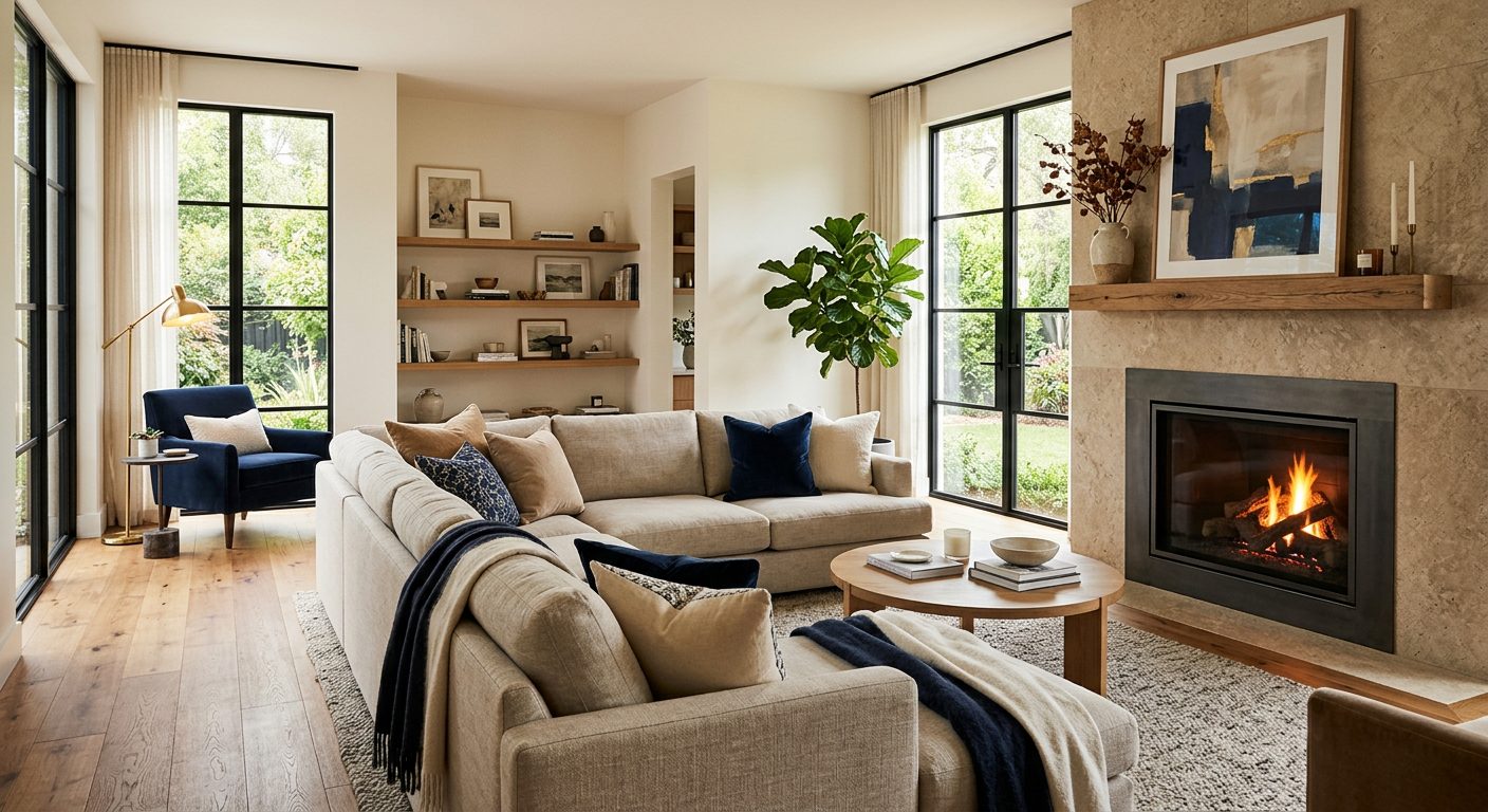 A warm, beautifully finished living room in a renovated family home