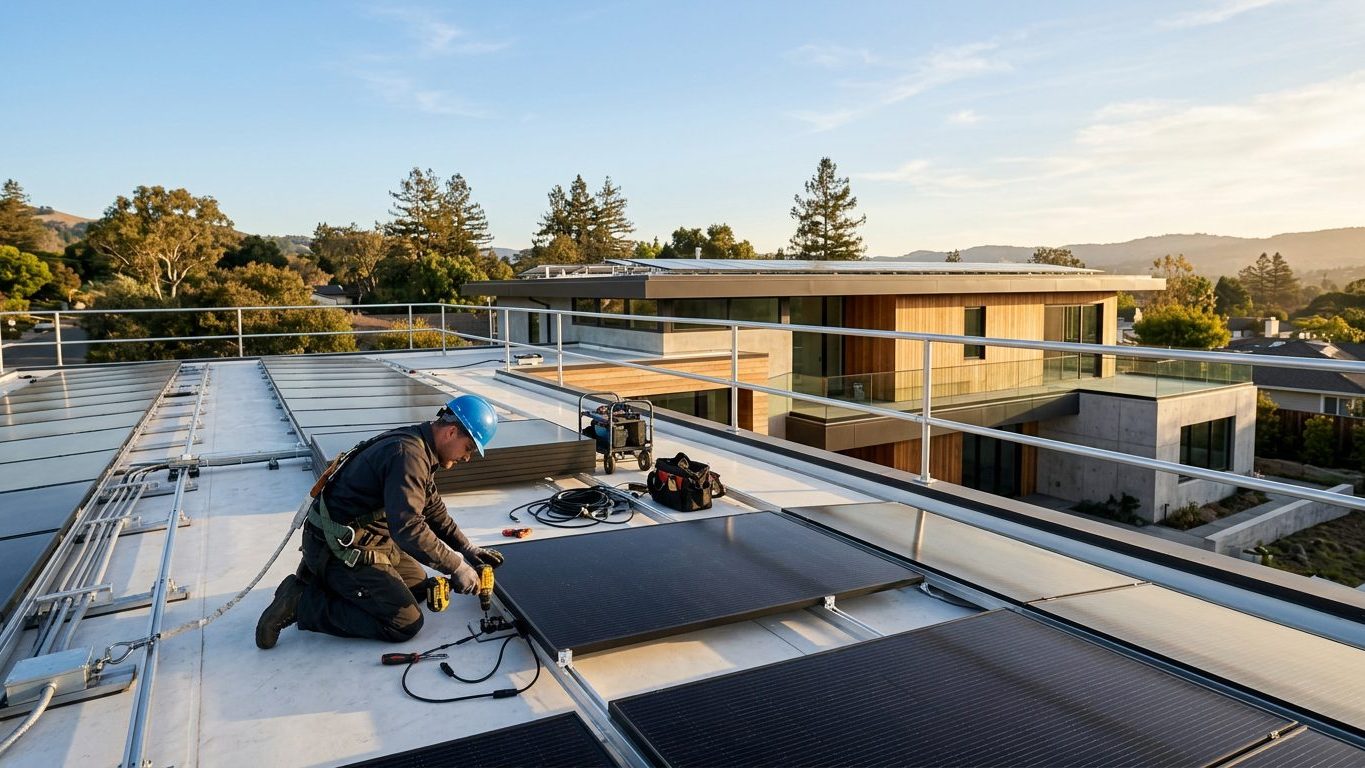 Home with rooftop solar panels viewed from the garden
